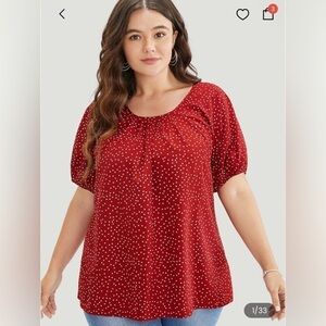BloomChic 26/4X Polka Dot Pleated Round Neck Puff Sleeve Blouse - Scarlet NWT